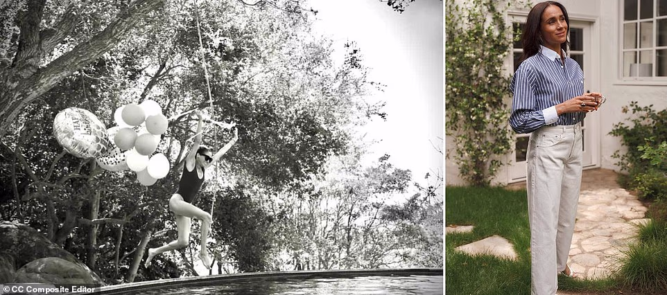Meghan Markle made quite the splash today as she marked her 45th birthday by sharing photos on social media of herself jumping into an outdoor pool - as she thanked her followers 'for the birthday love' on social media. Taking to Instagram, the Duchess of Sussex posted two black-and-white images of herself wearing a swimsuit - with sunglasses on and her hair up in a ponytail - as she leapt into the water while holding a large bunch of balloons. Meanwhile, her lifestyle brand As Ever also congratulated the mother-of-two with a snap of Meghan wearing a designer striped shirt from Céline and white Anine Bing 'Brie' jeans. The company's social media post also included a sweet throwback photo of a young Meghan sporting pigtails and a white turtleneck, seated in what looks to be her childhood bedroom. 'Happy birthday to our founder, @meghan. Lighting No. 084 to celebrate!' the caption read, referencing a candle sold by the brand, which appeared alongside other As Ever products in one of a quartet of photos posted to mark Meghan's special day. Last weekend, the brand's founder showcased her impressive jewellery collection during her latest promotional footage for As Ever.