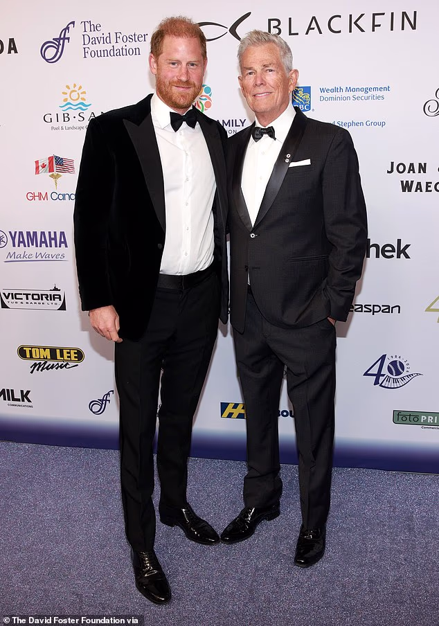 The Duke and Duchess of Sussex made a special trip to support music mogul David Foster (pictured right) at his foundation's 40th anniversary celebration in Canada on Friday night