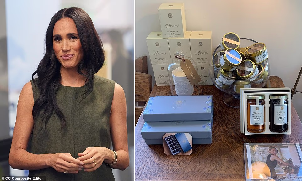 Meghan Markle's first 'pop-up store' in a wealthy friend's bookshop close to her Montecito mansion appears to have been downgraded. The Duchess of Sussex filmed herself personally setting up her candles, wine, jam, tea and flower sprinkles in the Godmothers bookshop in California last year. The grand display occupied a large area on an upper floor of the bougie shop, a short distance from Harry and Meghan's $14.7 million home. But a shopper who visited in the past week claimed the As Ever pop-up appeared to have been 'downscaled' over the past two months, with no jam to be seen. She claimed that staff at the shop, loved by local celebrities including Meghan herself, confirmed it had not been reduced in size because the products had sold out. Writing on social media, the unnamed shopper said: 'I went into the room upstairs, and there was no sign of the stuff on the three-tier wall display.'