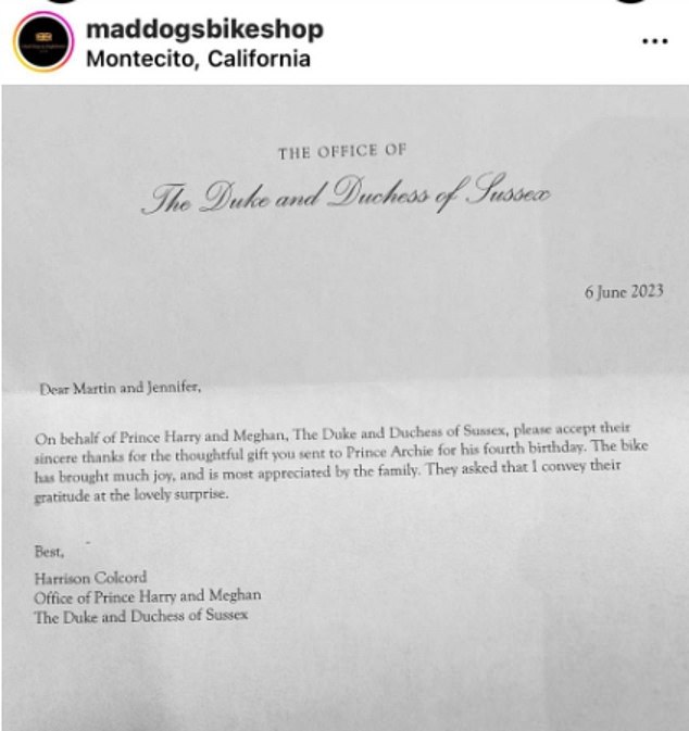 Meghan and Harry's thank you letter after a Montecito store delivered a free bike for his 4th birthday last month - signed by Harrison Colcord on their behalf and published on Instagram