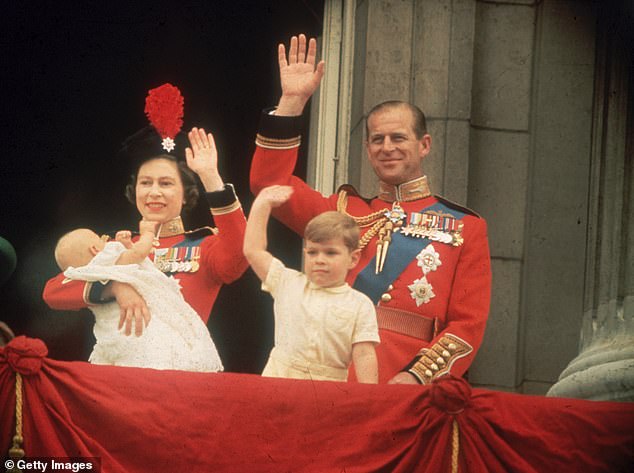 Prince Edward was born on March 10, 1964, and was the lightest baby out of his siblings weighing just 5lbs 7oz. Pictured: Queen Elizabeth, Prince Philip, Prince Andrew and baby Prince Edward waving to the crowds during Trooping of the Colour