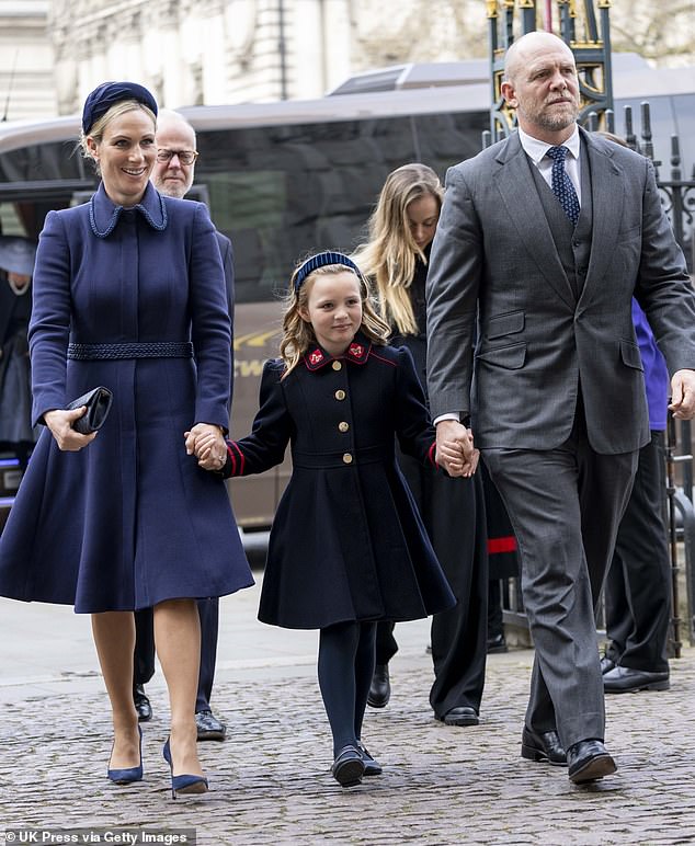 New mothers who were on the same maternity ward as Zara had no idea of the extra special arrival as it was kept a secret by midwives. Pictured: Zara, Mia and Mike Tindall attending a memorial service for the Duke of Edinburgh on March 29 2022