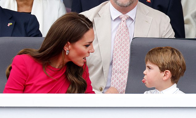 The young Prince's name, Louis Arthur Charles, serves as a poignant tribute to King Charles' beloved great-uncle, mentor and 'honorary grandfather', Lord Mountbatten, who was killed in 1979 when the IRA placed a bomb in his fishing boat. Pictured: Prince Louis sticking his tongue out at his mother, Catherine Princess of Wales