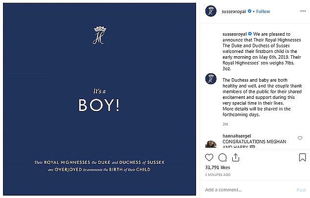 Harry and Meghan's Instagram account posted a picture saying 'it's a boy' less than an hour after the news broke that the duchess had gone into labour