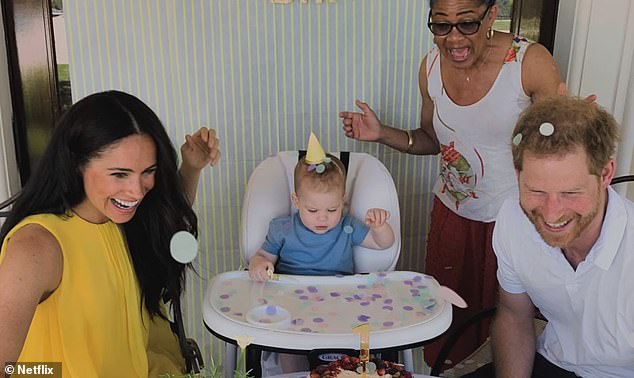 Harry is seen with his son, wife Meghan and her mother Doria Ragland at his first birthday in 2020