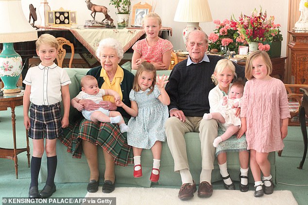 The snap is reminiscent of another picture the Princess of Wales took in 2018, and which was shared in 2021. Pictured Savannah Phillips (in the back), from left to right: Prince George, the late Queen with Prince Louis, Princess Charlotte, the late Prince Phillip, Isla Phillips holding Lena Tindall and Mia Tindall