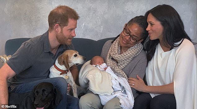 Harry and Meghan with her mother Doria Ragland after Archie's birth in 2019. Harry said the couple were back at Frogmore Cottage two hours after their son was born