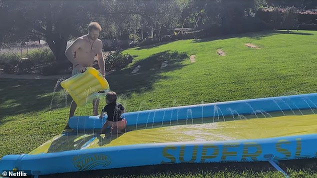 In the final episode, a little Archie could be seen playing around with his father Prince Harry on a water slide