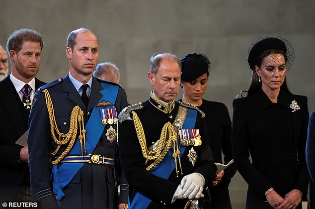 Prince Harry and his brother Prince William stood together with their wives Meghan and Kate as they put aside their bitter feud to pay their respects to their grandmother