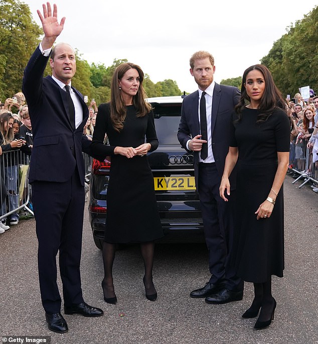 The Prince and Princess of Wales and the Duke and Duchess of Sussex on the Long Walk at Windsor Castle on September 10, two days after the death of the Queen