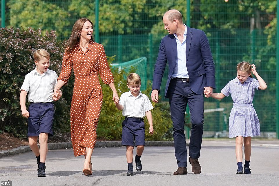 William and Kate¿s children have become Prince George of Cornwall and Cambridge, Princess Charlotte of Cornwall and Cambridge, and Prince Louis of Cornwall and Cambridge (pictured together on September 7). They will eventually become ¿of Wales¿ when William is the Prince of Wales