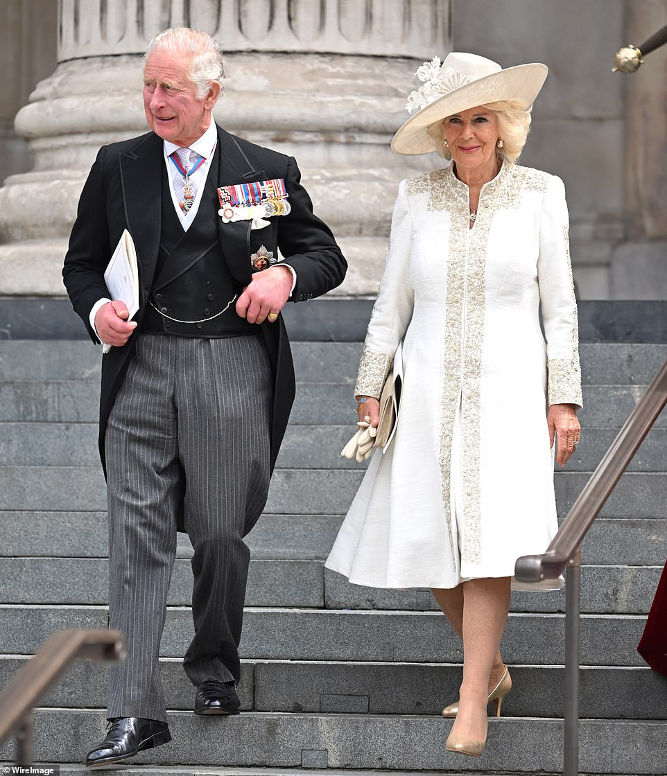 Charles, who was the Prince of Wales, is now King of the United Kingdom of Great Britain and Northern Ireland. Camilla is, as the wife of the King, the Queen (Consort) (pictured together attending Thanksgiving on June 3)