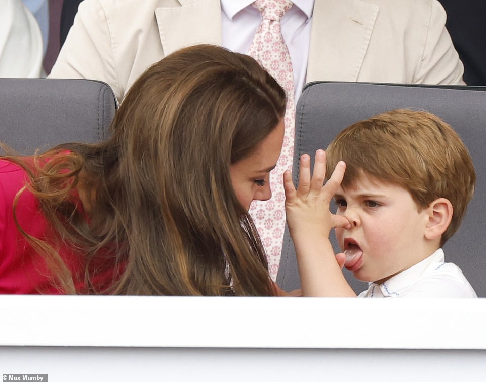 The prince pulled more than a few faces as he watched the pageant from the Royal box with his mother, the Duchess of Cambridge