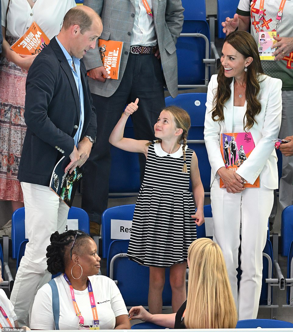 rince William, Duke of Cambridge, Catherine, Duchess of Cambridge and Princess Charlotte of Cambridge attend the Sandwell Aquatics Centre during the 2022 Commonwealth Games in August