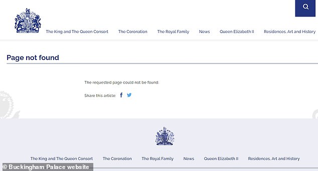 The Buckingham Palace website showed a 'page not found' error message when searching for Prince Archie's profile, just weeks after the three-year-old's informatio was updated to reflect his princely title