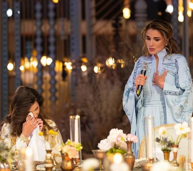 Queen Rania's touching speech appeared to leave Princess Rajwa Al-Saif in tears, and she dabbed her eyes throughout