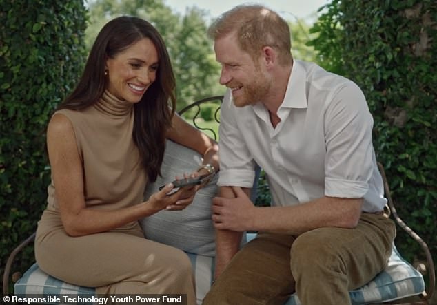 The couple sit together in the garden of their £12million mansion in Montecito, California