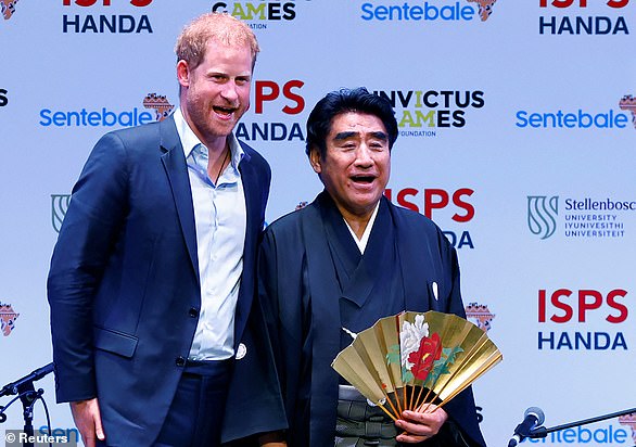 The Duke of Sussex and ISPS Handa's founder Haruhisa Handa in Tokyo today