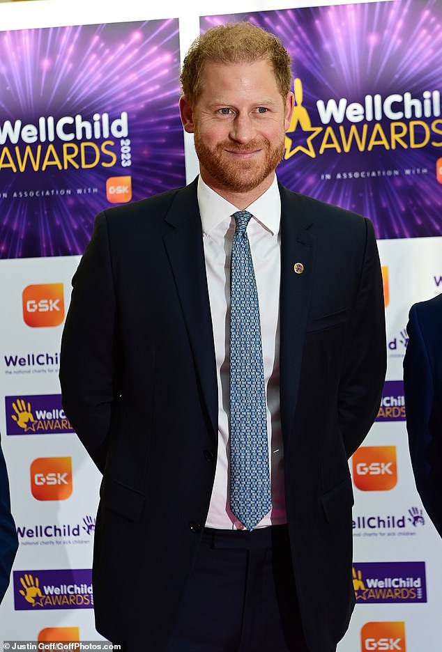 Harry is in London briefly ahead of the Invictus Games in Germany. The Duke of Sussex is pictured at the WellChild Awards on Thursday