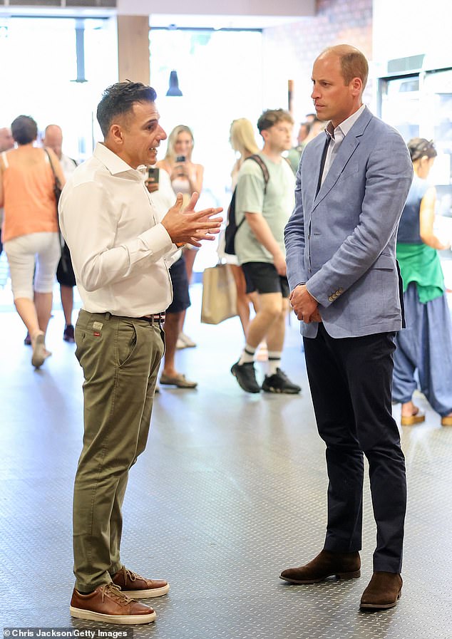 William talks with Pret chief executive Pano Christou during a visit to Pret A Manger