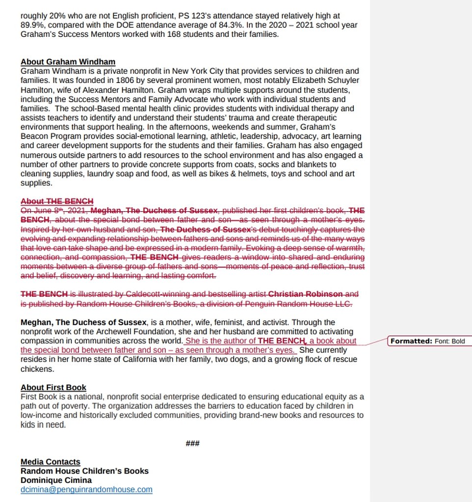 The two sides emailed over the language of the Department of Education press release with Filson taking out the entire paragraph about The Bench. Holness replied: 'I like all your edits, except the Bench section. If you take out all the info about the book, I think it's weird to only have her bio and not his', apparently referring to Harry. In a telling response, Filson replied: 'Yes totally! Just wanted to make it a bit less promotion-ey'. Holness objected to the phrase 'read-aloud' for use in the public schedule for New York Schools Chancellor Meisha Porter, the most senior official in the department. She wrote: 'Can we make the description sound more substantial than a read aloud? Something about community support (of) the arts? Please'. Filson replied: 'Yes!'