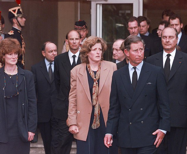 Prince Charles and Princess Diana's sisters Lady Sarah McCorquodale and Lady Jane Fellowes leaving the hospital where Princess Diana died