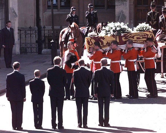 Diana's coffin arriving at Westminster Abbey as Prince Charles, Prince Harry, Earl Spencer, Prince William and the Duke of Edinburgh look on