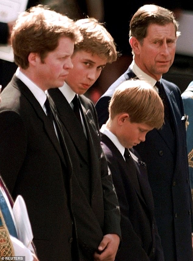 At the end of the decade the royal family was hit with an unimaginable tragedy when Princess Diana was killed. Pictured: Charles Spencer, his nephews Prince William, Prince Harry and then Prince Charles at the Princess's funeral