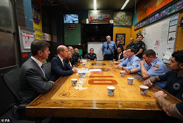 The Prince of Wales visits the New York Fire Department (FDNY)'s Ten House Fire Station, home to Engine Company 10 and Ladder Company 10, to highlight the work of the city's first responders and hear about their experiences working in the city, during his two-day visit to New York