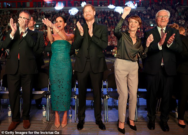 Dominic Reid, chief executive of the Invictus Games, Meghan Markle, Prince Harry, Elke Bundenbender and Frank-Walter Steinmeier, president of Germany, at the Invictus Games closing ceremony in Dusseldorf