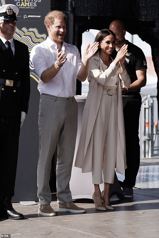 The Duke and Duchess of Sussex during a medal ceremony at the Invictus Games in Dusseldorf on Saturday September 16, 2023