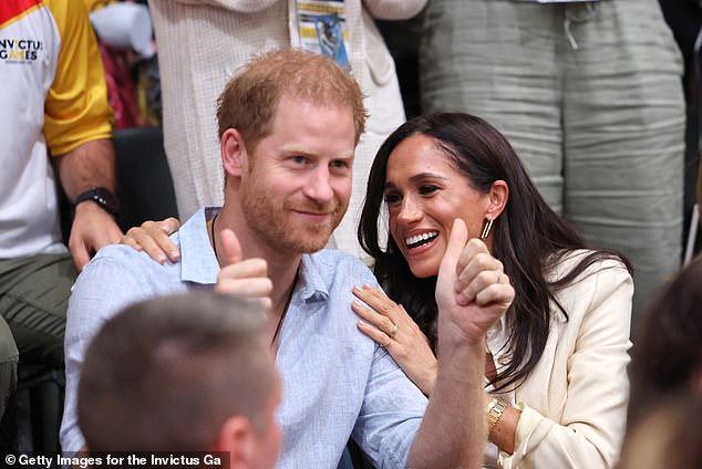 Prince Harry puts his thumbs up to the crowd at the Invictus Games in Dusseldorf this morning