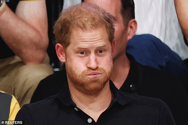 Prince Harry, Duke of Sussex reacts during the sitting volleyball finals at the 2023 Invictus Games