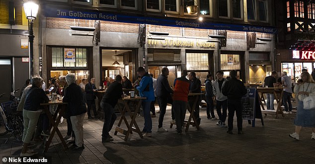 Prince Harry tucked into plates of bratwurst sausage, red cabbage and mashed potato at the restaurant (pictured)