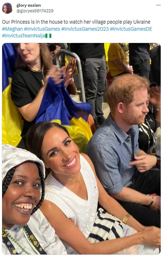 One fan shared a selfie of her and Meghan on X, formally known as Twitter. She wrote: 'Our Princess is in the house to watch her village people play Ukraine'