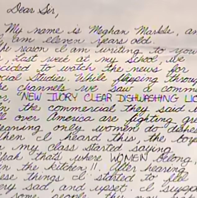 Young Markle also wrote to Procter & Gamble to object to the sexism in a dish soap advert. She asked them to change the verbiage to 'people all over America' and the company subsequently amended the language