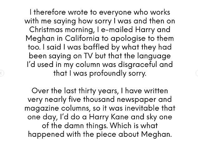 In a lengthy statement on his verified Instagram account, The Grand Tour presenter said he emailed the couple on Christmas Day to say his language in the column had been 'disgraceful' and he was 'profoundly sorry'