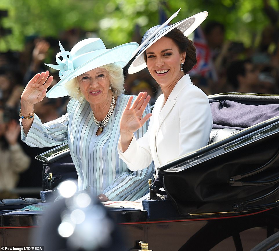 Vanity Fair's Katie Nicholl said it was 'lovely' Camilla had asked Kate to take the snap, adding: 'They're very very close, they really are.' She continued: 'It's interesting isn't it, we were sitting here talking about the fab four last time and, of course, that was Harry and Meghan and William and Kate and now we talk about a very different fab four. We are talking about Charles and Camilla and William and Kate.' Pictured: Kate and Camilla at a Jubilee celebration last month.