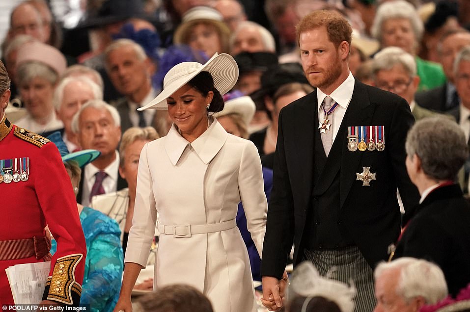 Prince Harry and Meghan arrive to attend a Service of Thanksgiving for the reign of Queen Elizabeth II this morning