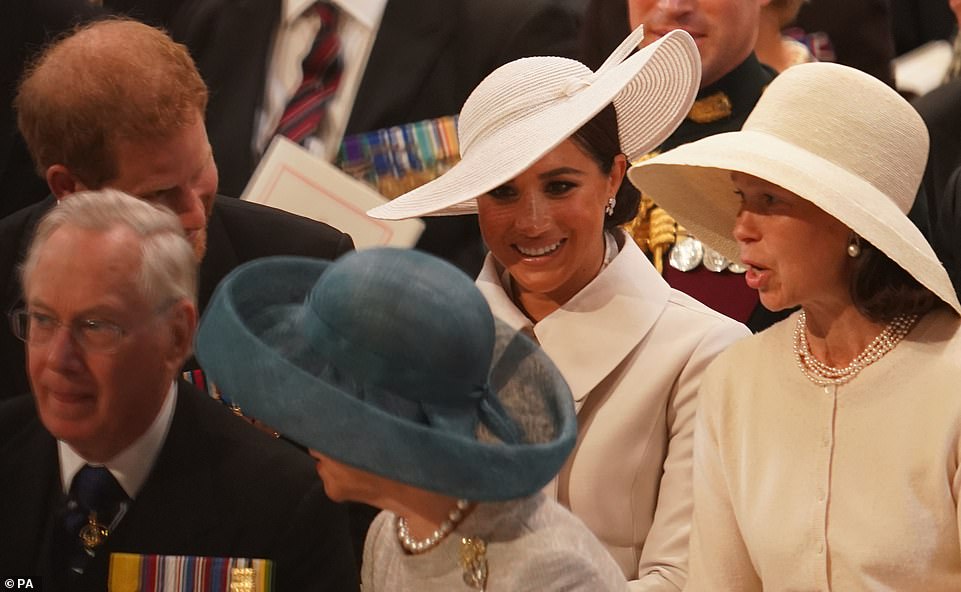 Princess Margaret's daughter Lady Sarah Chatto, 58, appeared to be deep in chat with the Duke and Duchess of Sussex as she took a seat next to the couple in St Paul's Cathedral for the National Service of Thanksgiving on Friday