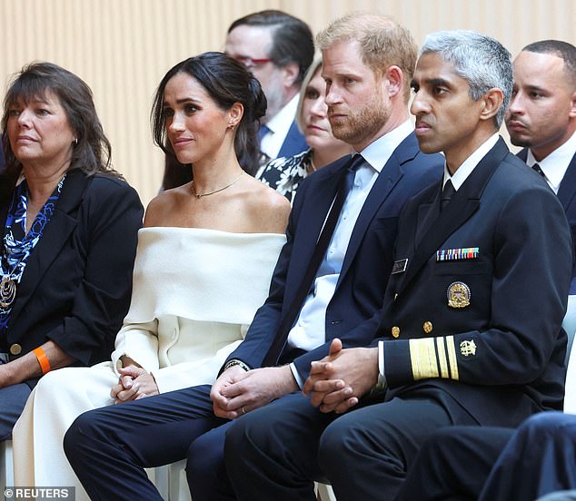 Meghan, 42, was seen sporting a glamorous white strapless pant suit as she arrived at the Hudson Yards venue for the summit, which will see the couple discussing social media dangers