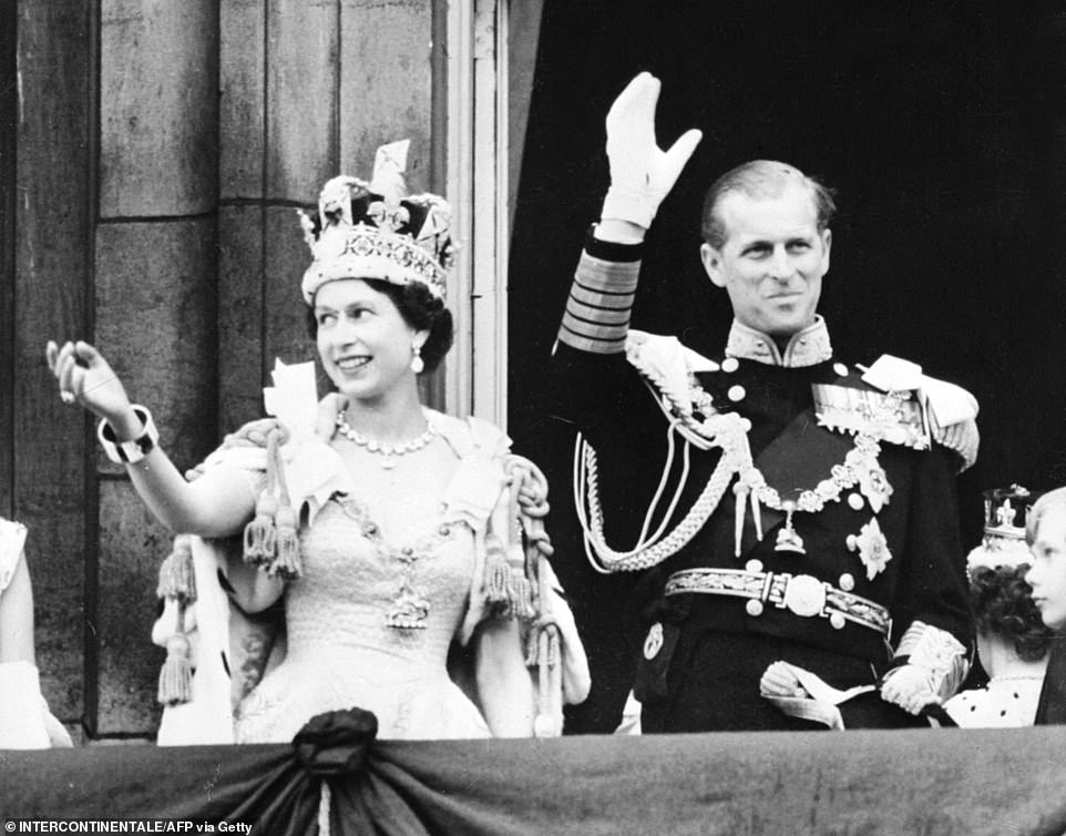 In a special message released as millions across Britain prepare to gather during four days of tributes and street parties to honour her milestone 70-year reign, the Queen (pictured with her late husband Prince Philip following her coronation in 1953), 96, said 'many happy memories' would be formed during the festivities