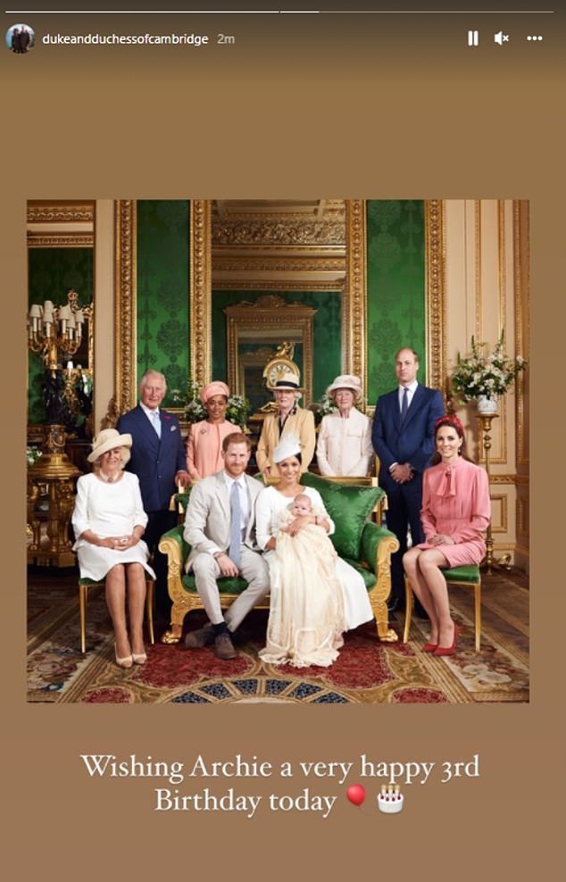 This Instagram story, shared by the Duke and Duchess of Cambridge, featured a family portrait taken at Archie's Christening in July 2019, and was shared by the couple last year, as they sent greetings to their nephew