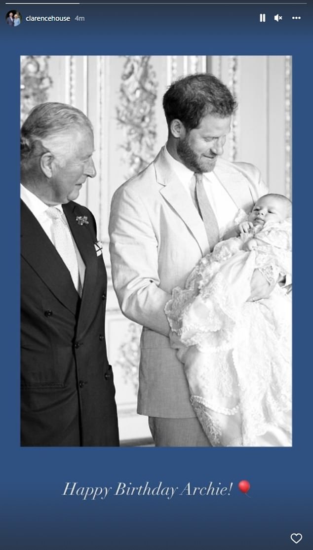 Meanwhile, Prince Charles' more informal message reads: 'Happy birthday Archie', accompanied by a heart emoji, featuring a snap taken at Archie's Christening in 2019, which he shared last year to mark the toddler's birthday