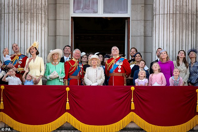 On the way out? The Royal Family assembling on the balcony of Buckingham Palace for Trooping the Colour is always a striking sight, but this year's could be particularly poignant as it might well be the last of the Queen's reign. Pictured, the Royal Family, including the Duke and Duchess of Sussex, at Trooping the Colour in June 2019