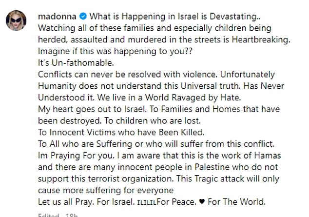 Madonna, joined a host of celebrities including Amy Schumer, Natalie Portman, Mark Hammil throwing support behind Israel after deadly Hamas attack