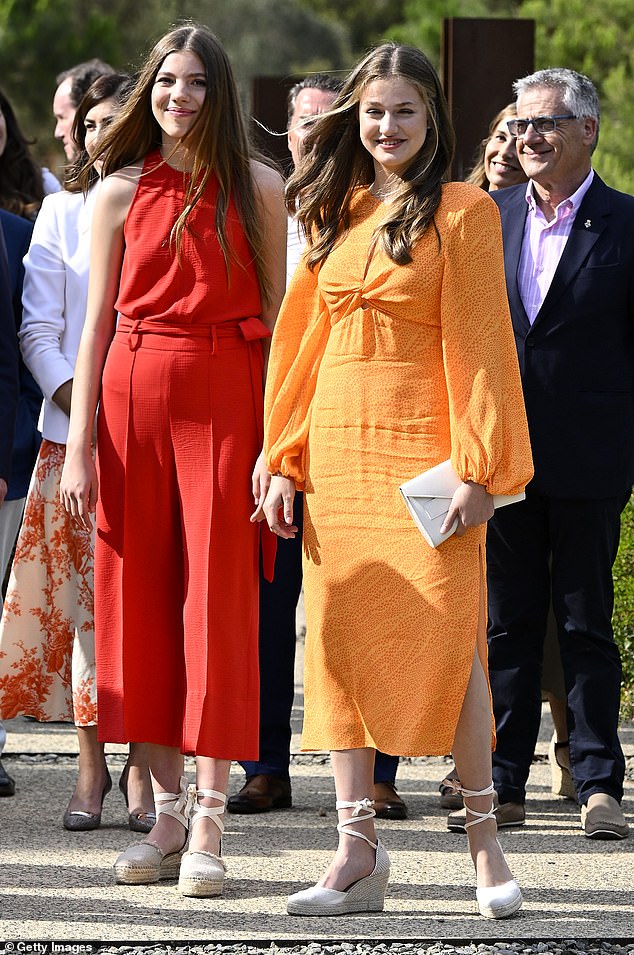 Queen Letizia and King Felipe of Spain are preparing Princess Leonor to enter the spotlight ahead of her 18th birthday this month.. Princess Leonor (right) and Princess Sofia of Spain attended a workshop on creativity, innovation and teamwork in Gironda in the summer