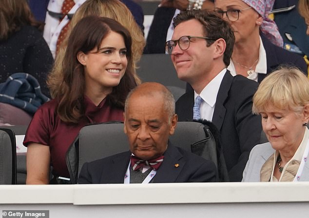 Princess Eugenie and Jack Brooksbank share a moment at the Platinum Jubilee Pageant in front of Buckingham Palace, on day four of the Platinum Jubilee celebrations, in June 2022