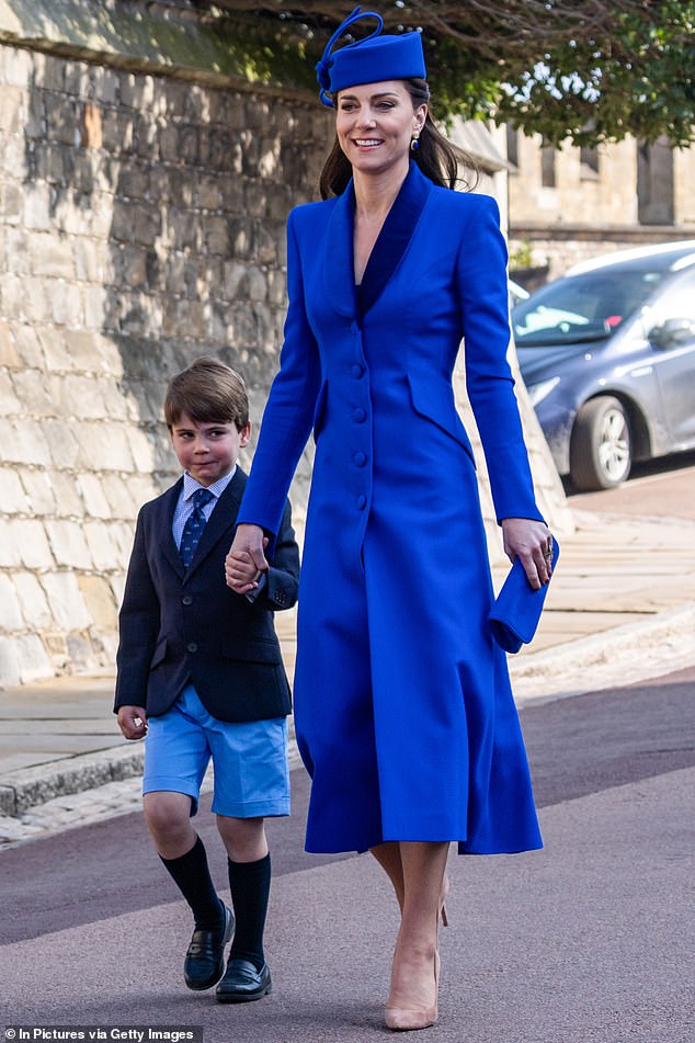 At first glance, there is nothing amiss as coordinated Kate and Louis arrive for the Easter Morning service at St George's, Windsor