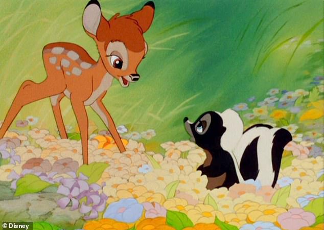 Meanwhile Meghan also revealed her six-month-old daughter Lili was dressed as Flower, the skunk from the film Bambi, during the interview (pictured)